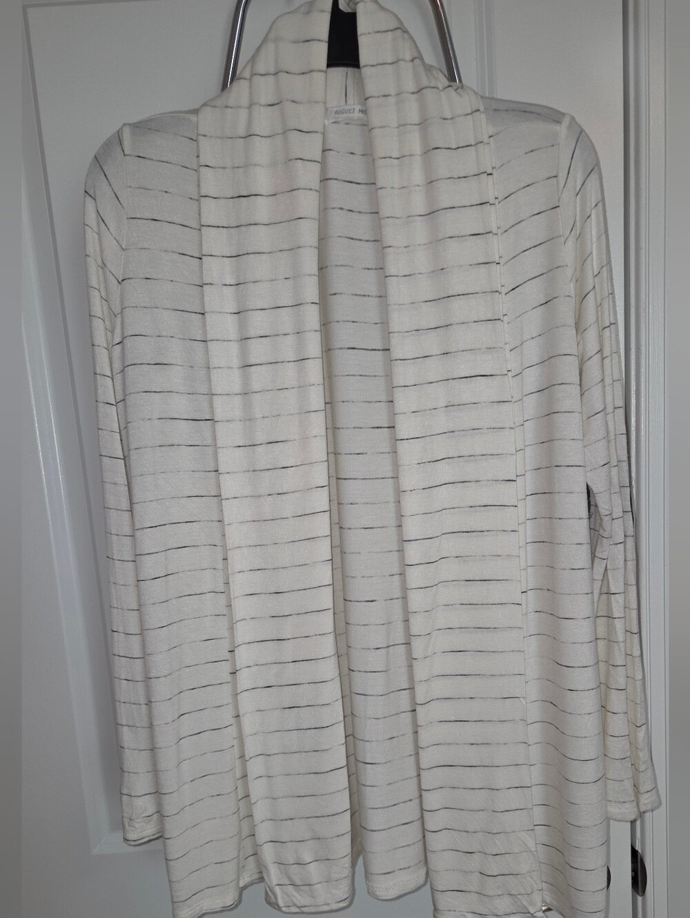 August Mist Cream & Black Striped Open Front Cardigan with Suede Elbow Patches